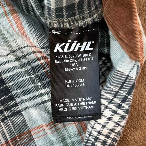 Kuhl Flannel Long Sleeved Snap Button Plaid Shirt Corduroy Accents Size Large - Picture 4 of 6
